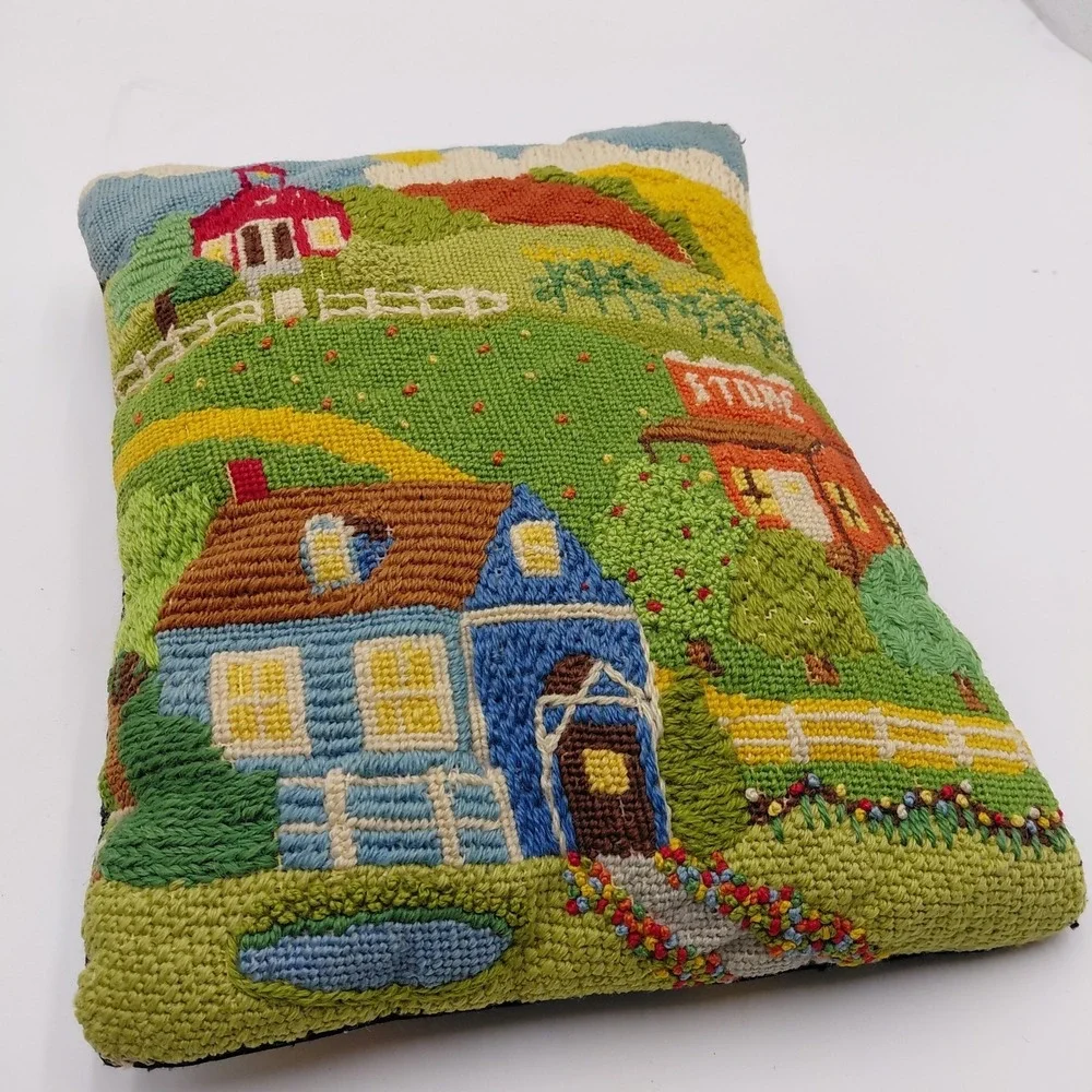 Needlepoint Farmhouse Handmade Pillow Cottage School Farm Cabin Homestead 12